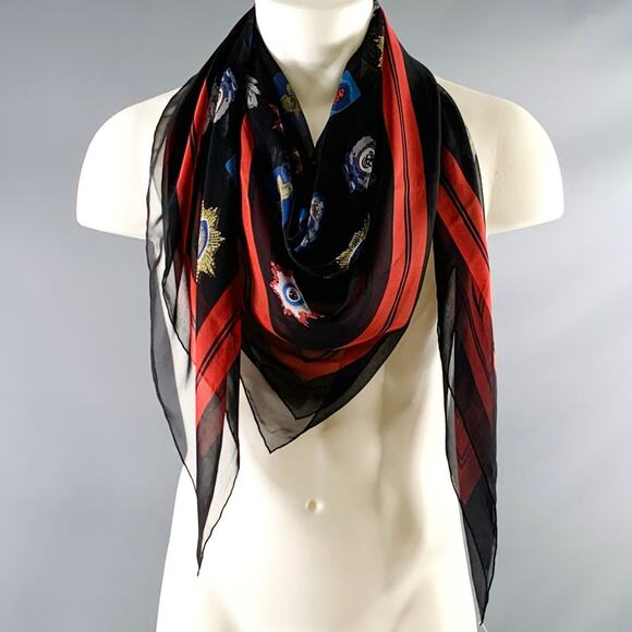 ALEXANDER MCQUEEN Size L Black Red Crest Skull Square Scarf - Picture 9 of 9